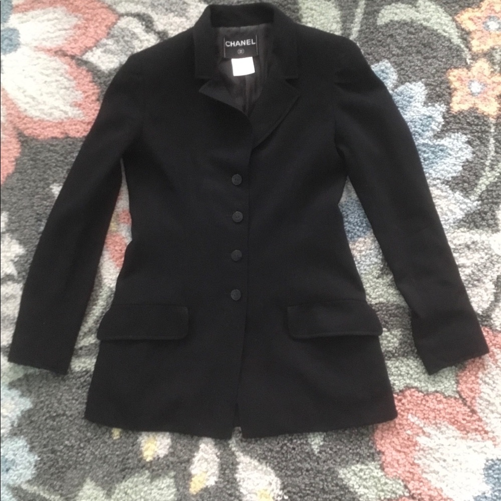 Authentic Chanel Black Wool Logo Buttons Jacket 38